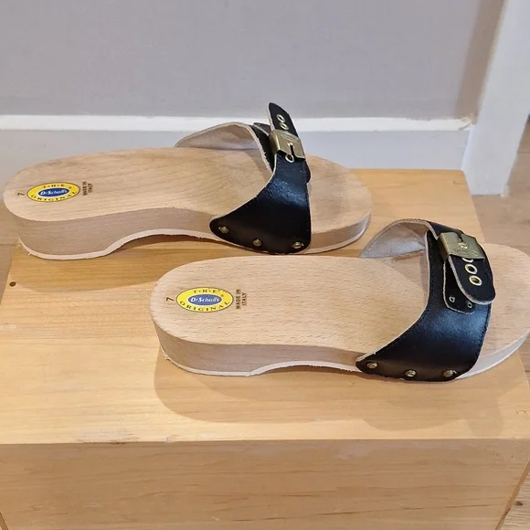 Nearly new vtg Dr Scholls original Black Leather Wood sz 7 - Picture 4 of 12